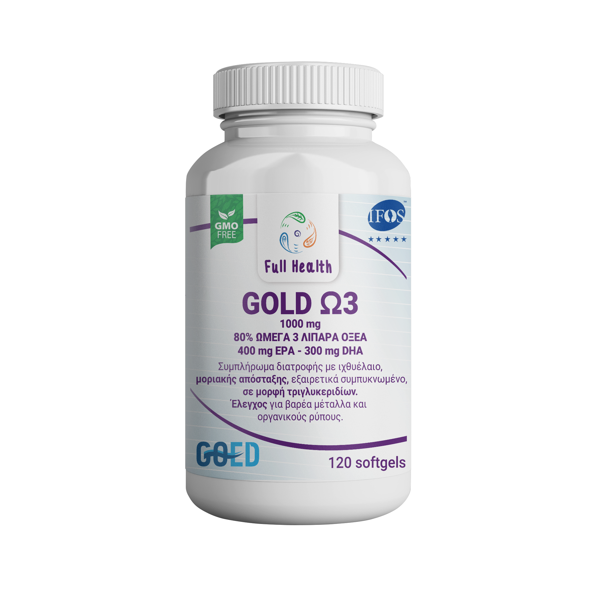 FULL HEALTH GOLD OMEGA 3 1000 mg 120 Softgels (Συμπλήρωμα διατροφής με Ω3 λιπαρά οξέα, από ιχθυέλαιο. Μοριακώς απεσταγμένα, εξαιρετικά συμπυκνωμένα πλούσια σε EPA & DHA)